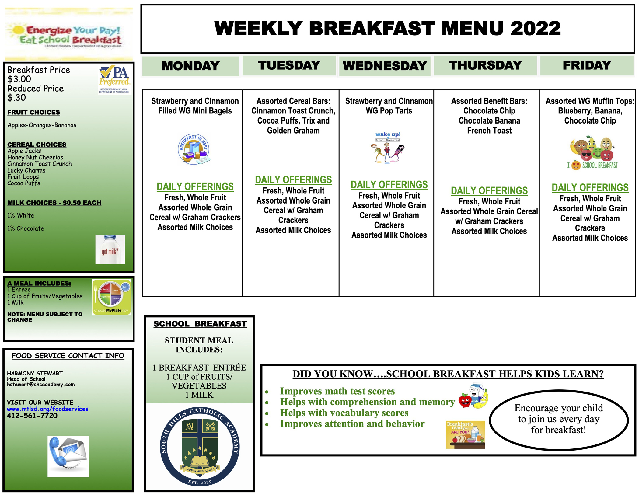 Calendars & Food Service South Hills Catholic Academy